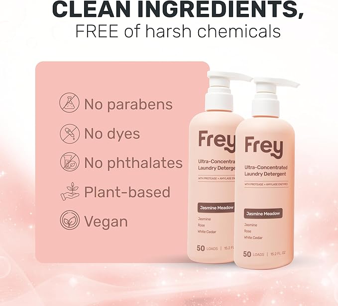 FREY Concentrated Liquid Laundry Detergent | Formulated for Sensitive Skin &amp HE Washers | Removes Stains Effectively | 50 Loads per Bottle (2-pack Jasmine Meadow)