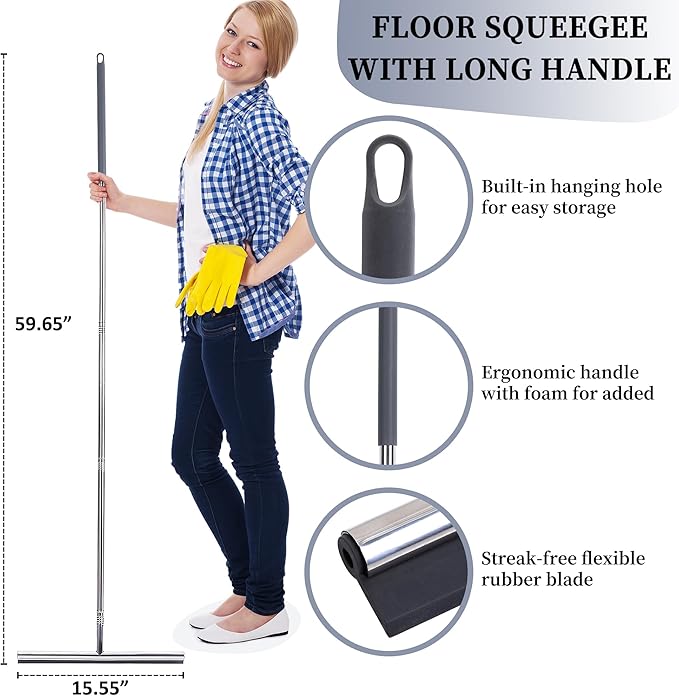Professional Heavy-Duty Floor Squeegee 15 Wide Silicone Blade &amp 19-59 Adjustable Pole for Garage Floor Driveway Tile &amp Patio – Effortless Water Removal Rust-Proof