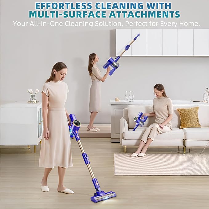 Cordless Vacuum Cleaner 180° Bendable Wand Stick Vacuum Cleaners with LED Touch Screen 8-in-1 Lightweight Rechargeable Vacuum with 1.5L Dust Cup for Home Hard Floor Low-Pile Carpet