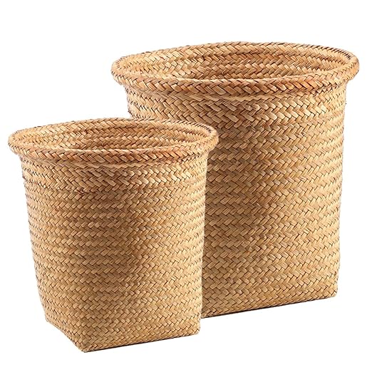 Milisten 2Pcs Woven Trash Cans Lightweight Rattan Wastebaskets for Bathroom Toy Storage and Laundry Organizer Home Office Use