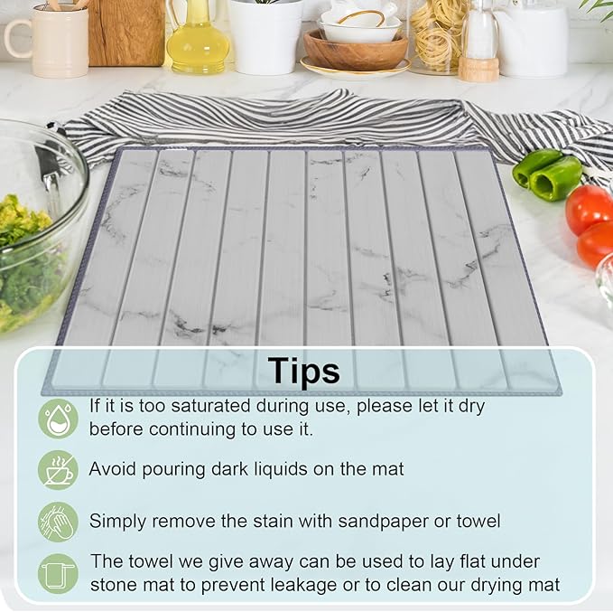 Stone Dish Drying Mat for Kitchen Counter24(L)×16(W) Collapsible Fast-Drying Diatomaceous Earth Mats with Towel Sanding ToolVersatile Stone Drying Mats for Cups Dishes Bottles