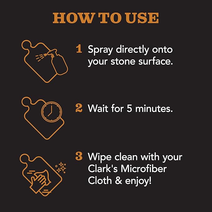 CLARK'S Natural Stone Spray Cleaner with Microfiber Cloth for Soapstone Granite Quartz Marble &amp other Countertop Surfaces – Pure Ingredients to Keep Stone Protected Citrus Oil Extracts 12oz