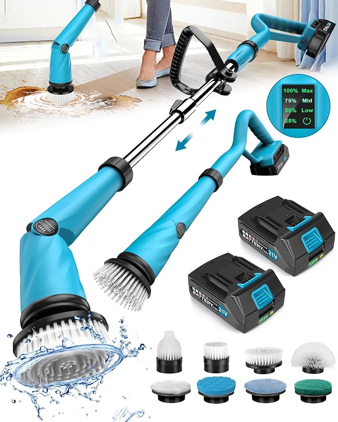 Updated 1500 RPM Battery Electric Spin Scrubber with Handle 8 Replaceable Shower Scrubber &amp 2 Battery Powered Cleaning Brush with Display 3 Speed &amp Adjustable Handle Cordless Power Scrubber f