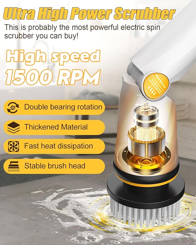 Qimedo Electric Spin Scrubber with Two Batteries Q2 Pro1500 RPM High Power Electric Scrubber for CleaningShower Cordless Cleaning Brush with Display for Tub/Tile/Floor (Effortless Handle/8 Brushes)