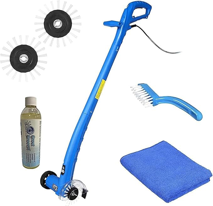 Grout Cleaner Bundle Electric Stand Up Tile Grout Cleaner Machine with 20’ Cord 3 Brush Wheels 1 Cleaner 1 Grout Hand Brush 1 Microfiber Cloth