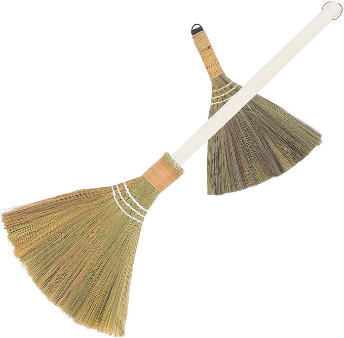 GLEAVI 2pcs Handwoven Straw Broom Set with Detachable Handle Soft Bristle Indoor Broom for Home Dust Removal and Living Room Cleaning