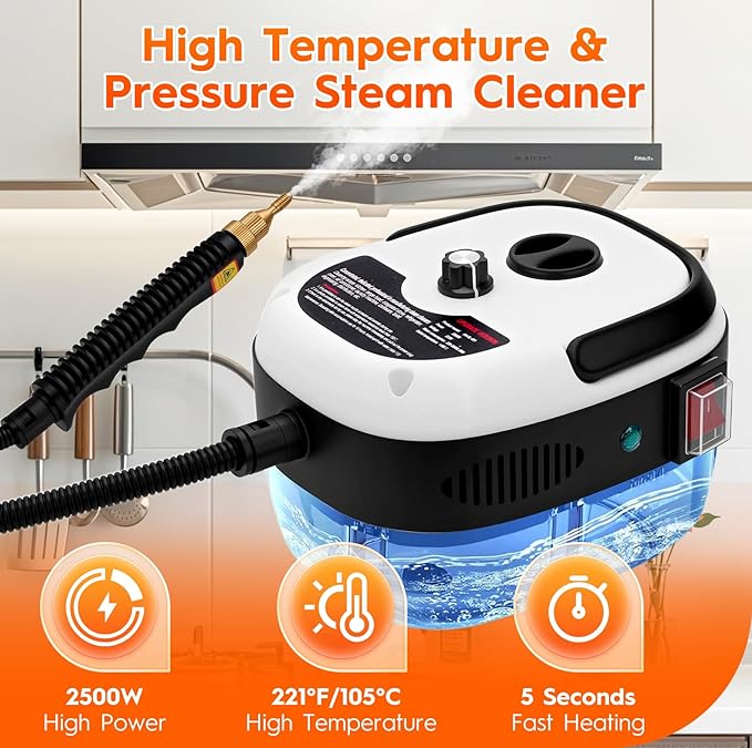 Steam Cleaner 2500W High Handheld Steam Cleaner 1L Portable Car Steam Cleaner 6 High Speeds Pressure Temperature Steam Cleaning Machine with 3 Brush Heads for Kitchen Home Car Cleaning（White）