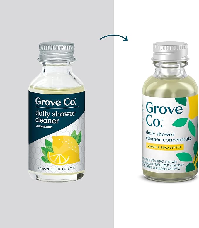 Grove Co. Daily Shower Cleaner Refill Concentrate (2 x 1 Fl Oz) + 1 x Reusable Glass Spray Bottle (16 Oz) Plant-Based Cleaning Supplies Reduced Plastic Lemon &amp Eucalyptus Fragrance