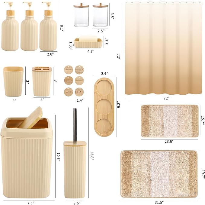 32PCS Bathroom Sets with Shower Curtain and Rugs Beige Bathroom Accessories Set Shower Curtain Set 3PCS Lotion Soap Dispenser Bathroom Accessories with Black Bathroom Decor