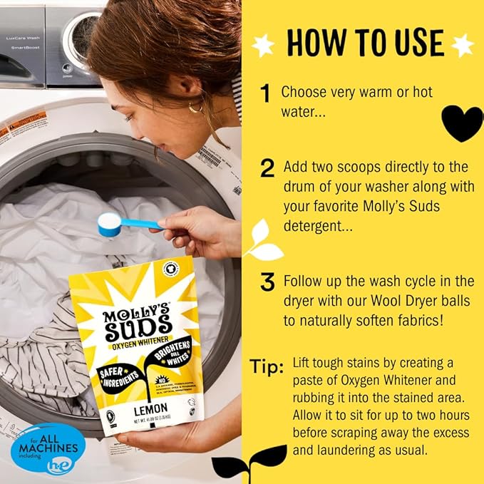 Molly's Suds Oxygen Whitener | Powerful Bleach Alternative Chlorine Free &amp Color Safe | Brightens Whites and Removes Stains (Pure Lemon Essential Oil - 158 oz)