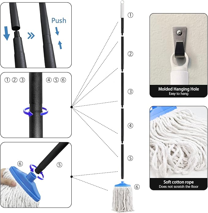 Indoor Cotton Mops for Floor Cleaning - 53 Adjustable Iron Handle Regular Mops to Clean Wood Floors Tile Hardwood FloorIndoor Cleaning Mop for Living Room Kitchen and Bathroom. (Blue White