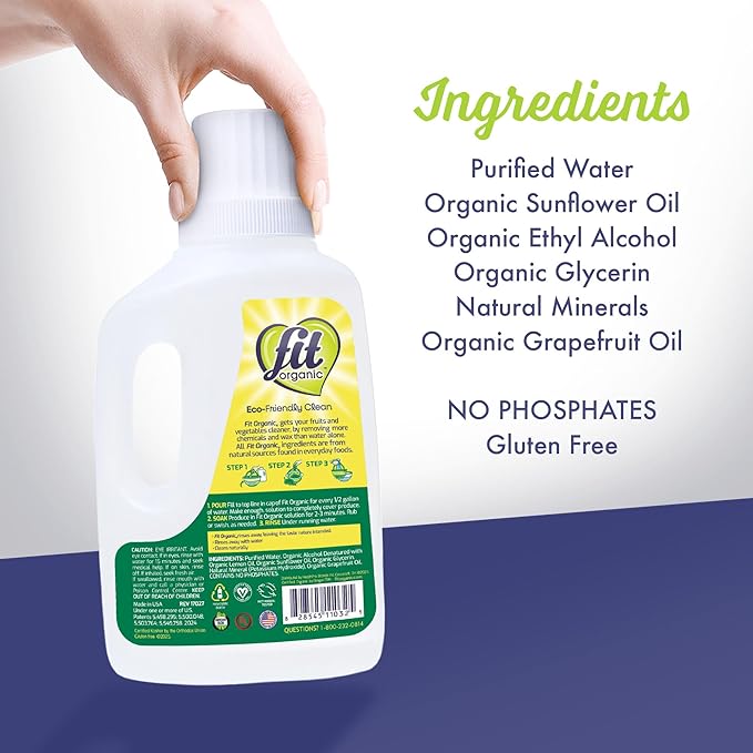 Fit Organic Soaker Produce Wash – USDA Certified Organic &amp Kosher Fruit and Vegetable Cleaner – Removes 98% Pesticides Wax &amp Contaminants – Family &amp Pet Safe Chemical-Free – 32 Oz (2-Pac