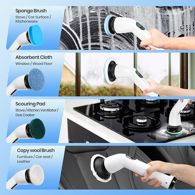 Electric Spin Scrubber Full-Body IPX7 Waterproof Cordless Shower Scrubber with 8 Replaceable Heads Upgraded Extension Handle 2H Work Time 2 Speeds for Bathroom Shower Tile Glass