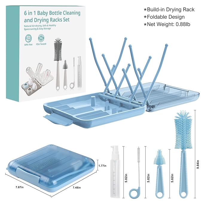 Bottle Brush Set -Baby Travel Essential-6 in 1 Bottle Cleaner Kit with Silicone Bottle BrushNipple Cleaner BrushStraw BrushSoap DispenserStorage BoxBottle Drying Rack for Home and Travel(Blue)