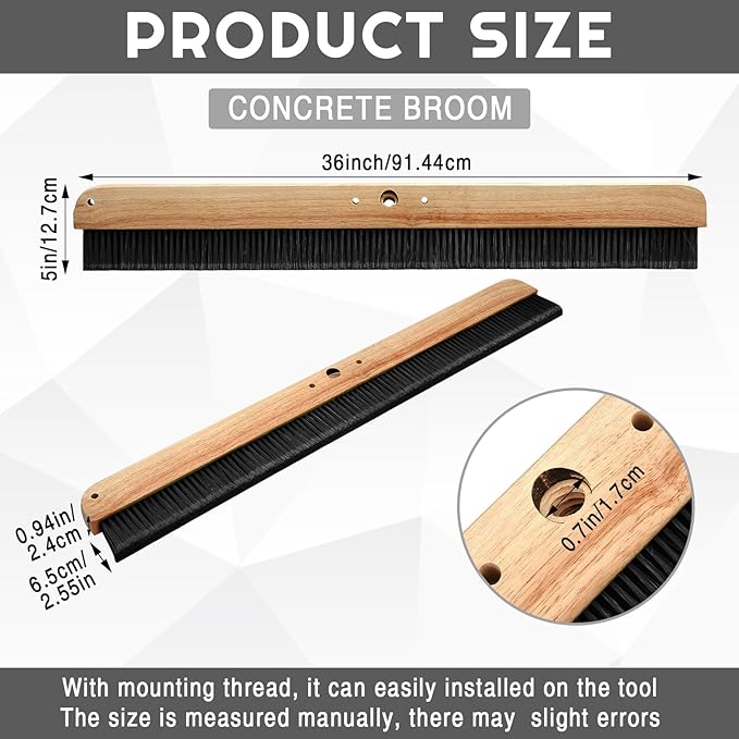 1 Pack 36 Inch Concrete Broom Finishing Tools Without Handle Wood Backed Brush Push Brooms with Mounting Threads for Concrete Finishes Hard Floors Yards