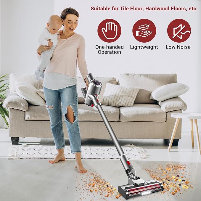 ZENG Cordless Vacuum Cleaner 28Kpa 330W 50Mins Self Standing Stick Vacuum Anti-Tangle Wireless Vacuum Cordless with Wall Mount Charging LED Touch Screen Vacuum Cleaners for Pet Hair Carpet