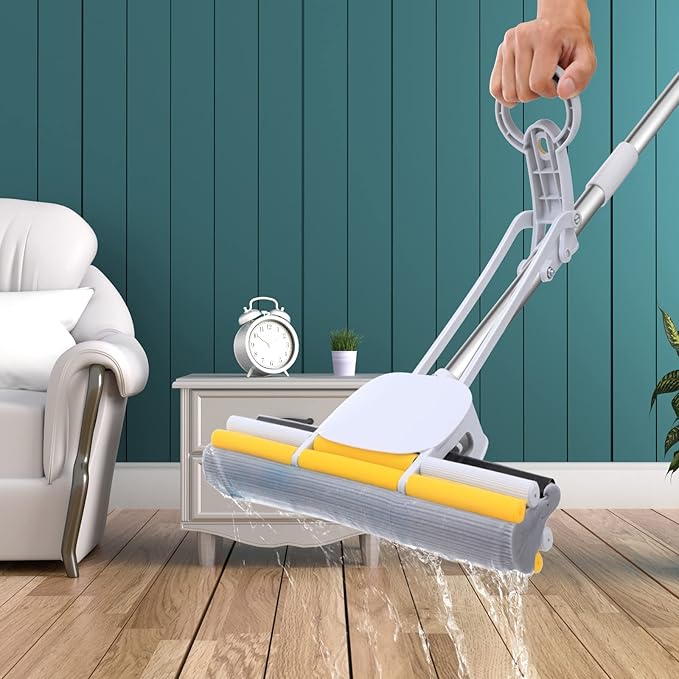 PVA Sponge Mops for Floor Cleaning Squeeze with 60 Long Handle Self Wringing Mop with 15 Head for Kitchen Bathroom Tiles Sponge Mops for Floor Cleaning with Wringer DUDTO