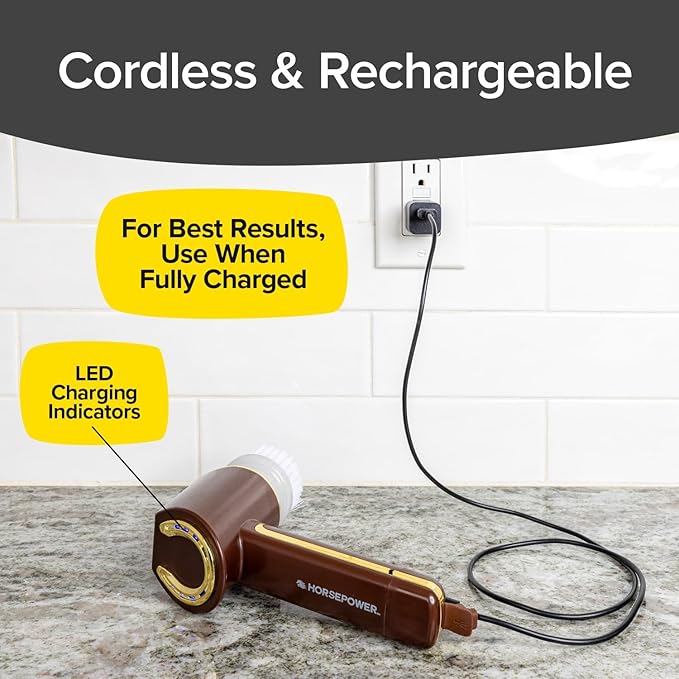 Horsepower Scrubber Gold Edition Longer Battery Life Electric Power Rechargeable Spins 350 RPM Waterproof 5 Brush Heads AS SEEN ON TV Cleans Dirt &amp Grime: Bathrooms Kitchen Indoors/Outdo