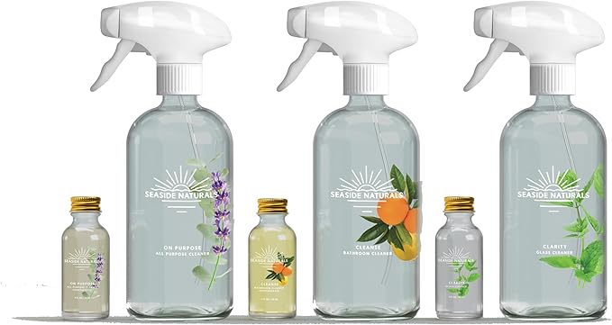 Start Up Kit – Plant-Based All-Purpose Glass &amp Bathroom Cleaners (Glass Bottles Sprayers &amp Concentrates Essential Oils: Eucalyptus Lavender Tea Tree Peppermint Citrus) Kid &amp Pet Saf