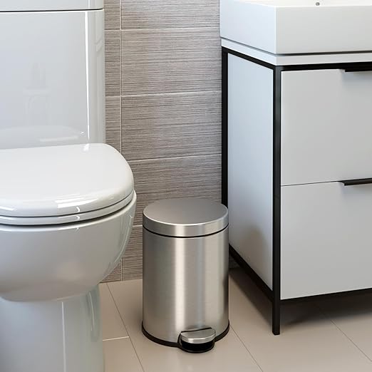 iTouchless SoftStep 1.3 Gallon Small Round Bathroom Step Trash Can with Removable Inner Bucket and AbsorbX Odor Filter Stainless Steel 5 Liter Pedal Garbage Bin for Bedroom