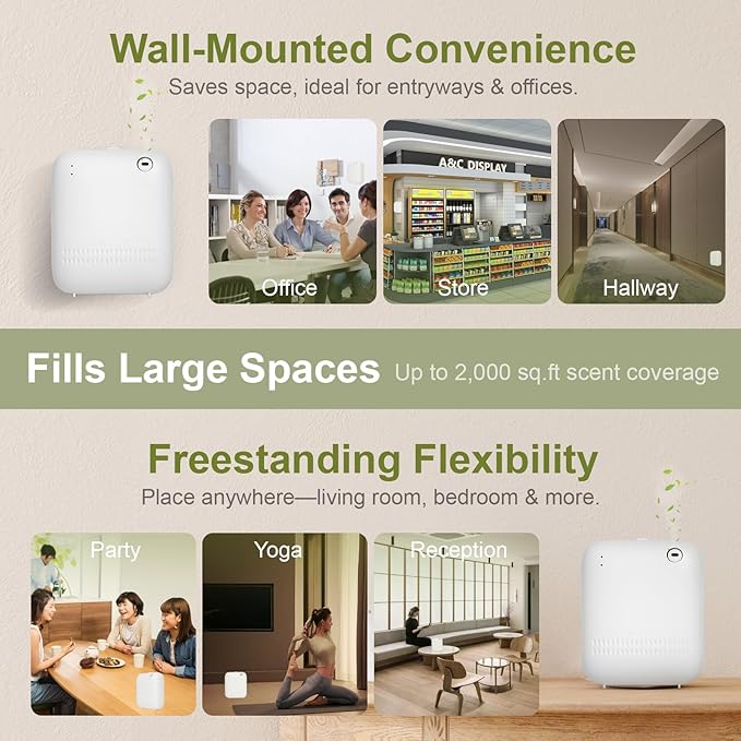 Waterless DiffuserWireless Essential Oil Battery Operated2000 Sq FtSafety LockQuietBluetooth AppHotel Home Collection Scent Machine - White