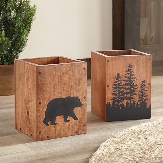Black Forest Décor Pine Forest Wood Waste Basket – 12”H Rustic Bathroom Trash Can with Pine Tree Cutouts – Made in USA