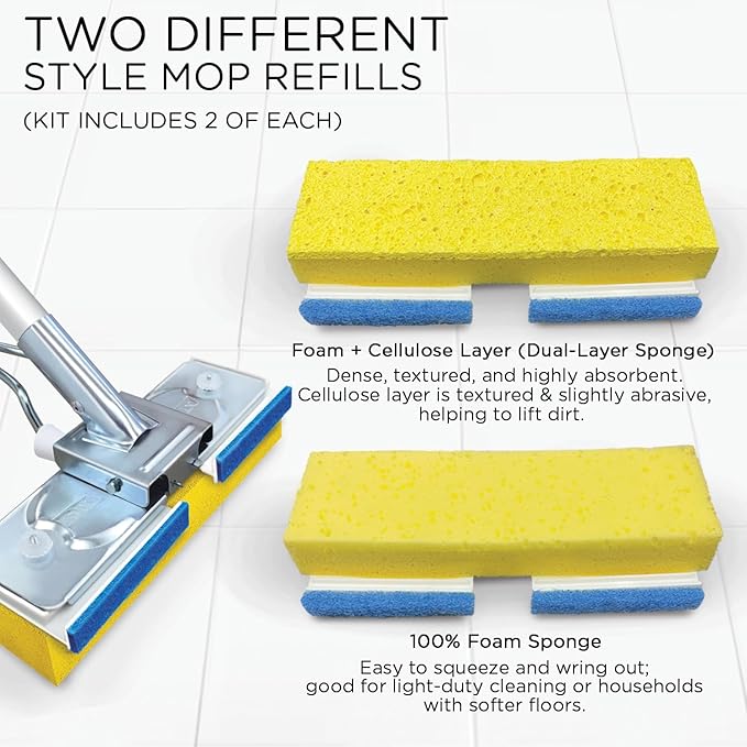 LOLA Squeezematic Butterfly Automatic Sponge Mop 4 Mop Heads - 2 Foam w/ Cellulose Layer &amp 2 All Foam 9 Head w/ Scuff Remover