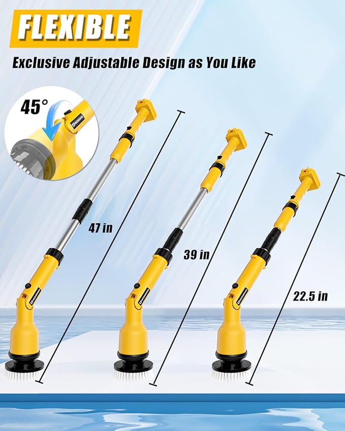Electric Spin Scrubber Compatible for DeWalt 20V Battery(Battery NOT Included) 1000 RPM Battery Powered Scrubber with Adjustable Extension Arm &amp 8 Brushes &amp Hook Gloves for Tub/Tile/Floor