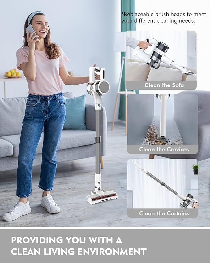 Cordless Vacuums 80000PRM Powerful Motor Vacuum Cleaner and 2200mAH Rechargeable Battery up to 35 Mins Worktime 2 Adjustable Modes Detachable Parts Wireless Stick Vacuum (Frost White)