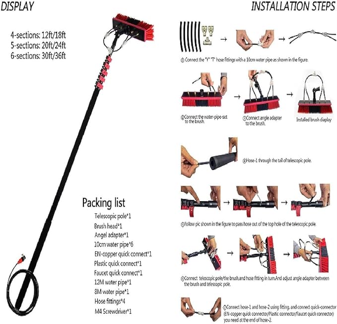 Outdoor Window Cleaning Pole Water Fed Telescopic Brush Water Fed Pole Kit with Hose Spray Solar Panel Cleaning System (5.4m/18ft)