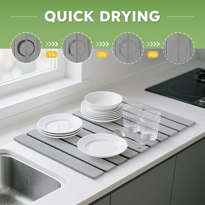 HABUTWAY Large Stone Dish Drying Mat for Kitchen Counter Quick Dry Collapsible Diatomaceous Earth Dish Drying Mats Water Absorbent Drying Mat for Dishes Bottles Cups Foldable (LIGHT GREY 24L×16W)