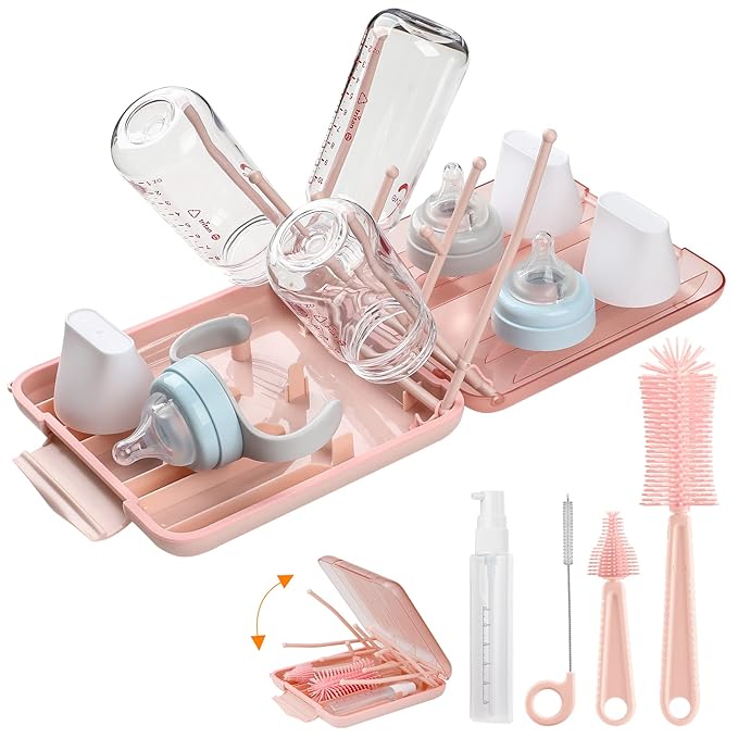 6 in 1 Bottle Cleaning Brush Set with Silicone Bottle Brush Nipple Brush Straw Brush Soap Dispenser Drying Rack for Baby Bottle and Water Bottle Space Saving Baby Essentials for Home and Travel