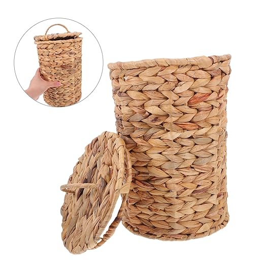 Zerodeko Natural Woven Hyacinth Trash Can with Lid Decorative Rattan Wastebasket for Bathroom Bedroom Kitchen Multi Purpose Storage Bin for Essentials Compact Lightweight Design