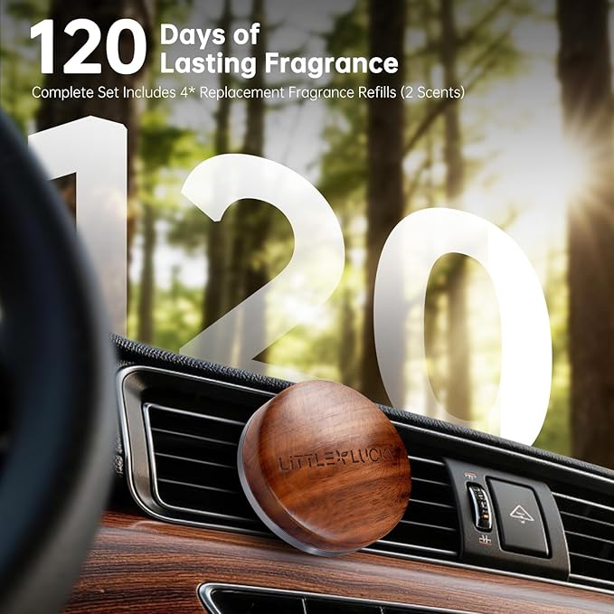 Littlelucky Car Air Freshener 2 PCS North America Walnut Wood Car Air Freshener Vent Clip for Hidden Air Vent etc 4 PCS Scent Refills 2 Natural Plant Extract Fragrance Long-lasting for 120 Days