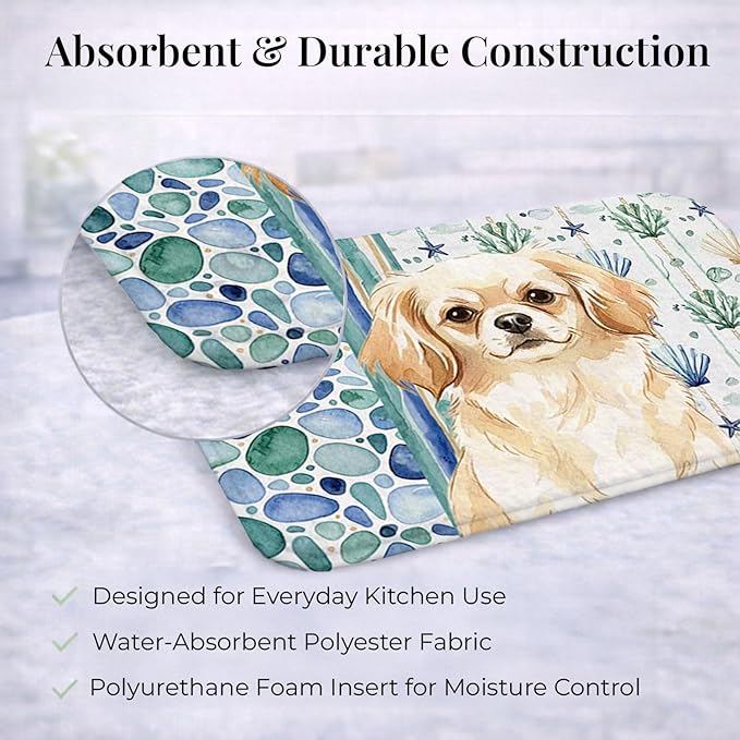 Caroline's Treasures Cream Tibetan Spaniel Coastal Sea Glass Dish Drying Mat Absorbent Dish Drying Mat Pad for Kitchen Counter Dish Drainer Mat for Countertop 14 x 21 Multicolor
