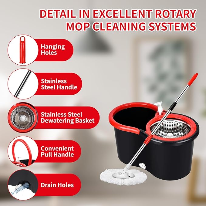 Operable 360 ° Rotating Mop Bucket SetMop and Bucket with Wringer Setwith 3 Microfiber Replacement HeadStainless Steel Mop Bucket 61 Inch Adjustable Handle Household Cleaning Tools（2 Sets