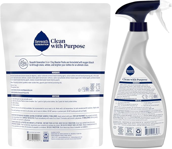 Seventh Generation Stain Remover Bundle – Power+ Laundry Spray + 3-in-1 Oxy Booster Packs Plant-Based Formulas Fragrance-Free (2 Piece Set)