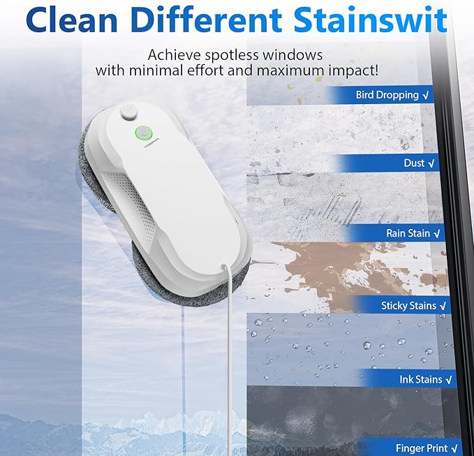 Tosima W5 Window Cleaning Robot Dual Direction Auto-Spray Smart Window Cleaner with Triple Safety System Smart Navigation Remote Control for All Smooth Surfaces with 8 Rags (White)