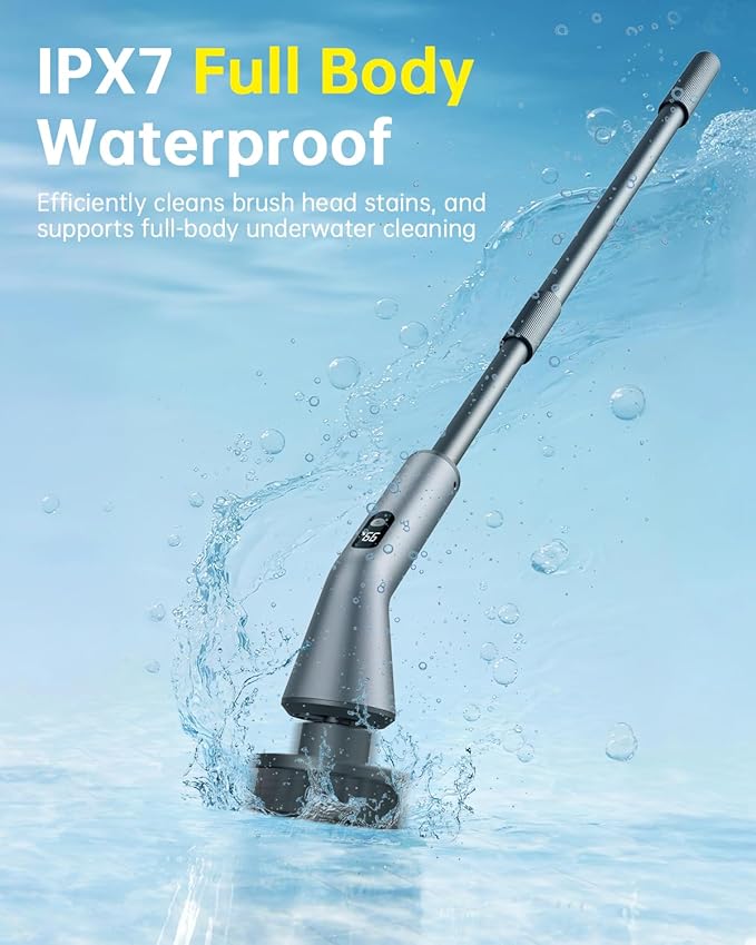 VICNOVA Electric Spin Scrubber IPX7 Waterproof 2-Speed Extendable Long Handle Cordless Cleaning Brush with 7 Replacement Brush Heads for Bathroom Shower Bathtub Glass Tub Tile Floor Car