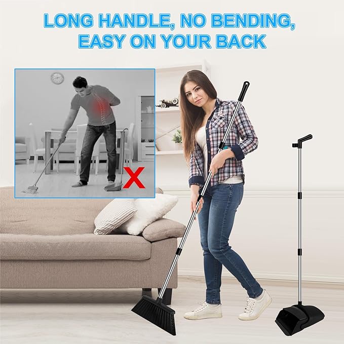Broom with Dustpan Combo Set and Silicone Air Broom Kit 51 Long Handle Floor Squeegee Black Household Kit for Glass Window Rugs Pet Hair Home