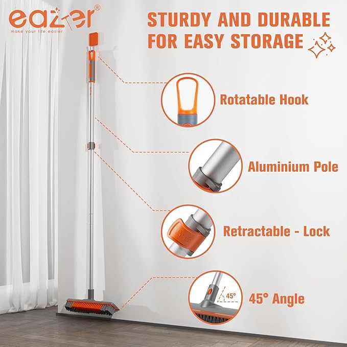 Eazer Floor Scrubber Brush 2-in-1 Deck Scrubber Brush with Long Handle Soft &amp Hard Bristle Brush for Cleaning Concrete Squeegee Broom for FloorBathroom GarageKitchenWallTile and Swimming Po