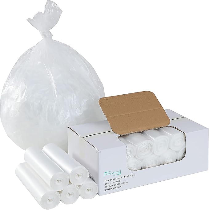 TYPLASTICS 33 Gallon Clear Trash Can Liners - 33 x 40 - High Density Garbage Bags - Case of 500 - Multipurpose for Office Outdoor Recycling Industrial and Commercial