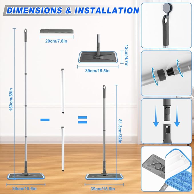 Microfiber Mops for Floor Cleaning - BPAWA Flat Floor Mop with 8 Reusable Washable Mop Pads fit for Swiffer Powermop Dust Mop for Hardwood Laminate Tile Wood Ceramic Vinyl Wall Floors