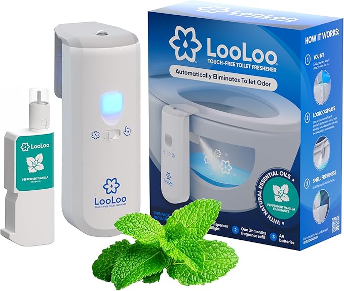 LooLoo 3.0 Touch Free Toilet Freshener Automatic Touchless Toilet Air Freshener Spray For Bathroom Starter Kit (Dispenser and 1 Fragrance Bottle) with Toilet Light and Deodorizer - Peppermint Vanilla
