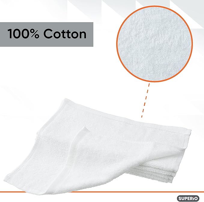 Superio White Washcloths 12 Pack Terry Cloth Rags 100% Cotton 12 Cleaning Cloths Kitchen Towels Facial Washcloth Spa Cloths Hand Towel Small Lint Free Rags for Multi-Purposes