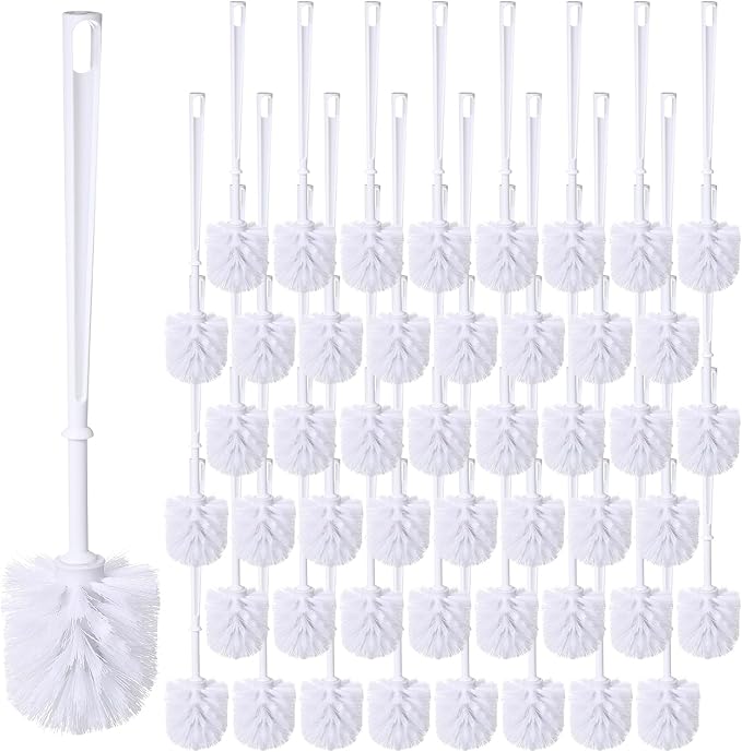 Mimorou 50 Pcs White Toilet Brush Bathroom Toilet Bowl Brush Soft Bristle Long Handle Plastic Toilet Scrubber for Bathroom