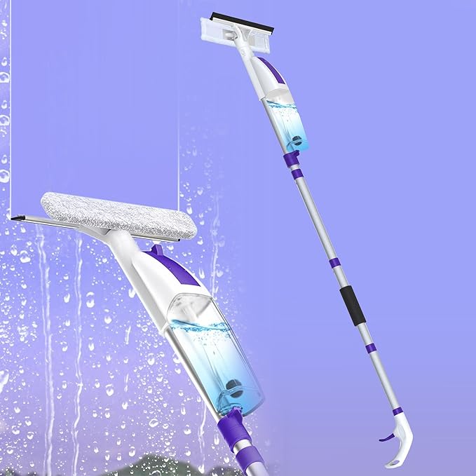 Spray Window Squeegee with 60 Extension Pole Window Cleaning Squeegee Kit- 2-In-1 Squeegee Scrubber 3 Microfiber Cleaning Pad&amp400ML Refill Bottle Multi-Use Squeegee for Home Shower Car Windshi