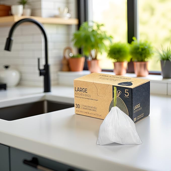 Trash Bags 30 Count White Drawstring Waste Bags | Leak-Resistant Tear-Resistant Unscented | For Bathroom Office Bedroom Bins (28.5×33.8in)
