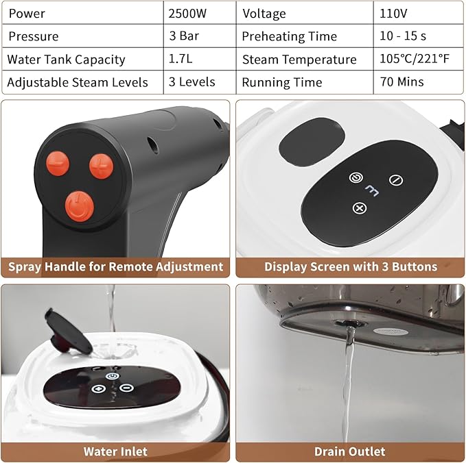 Handheld Steam Cleaner 2500W High Temperature Pressurized Machine 1.7L Water Tank Handle-Controlled Steam Output Portable Cleaning Steamer for Home Car Bed Bugs Furniture Grout (White 1.7)