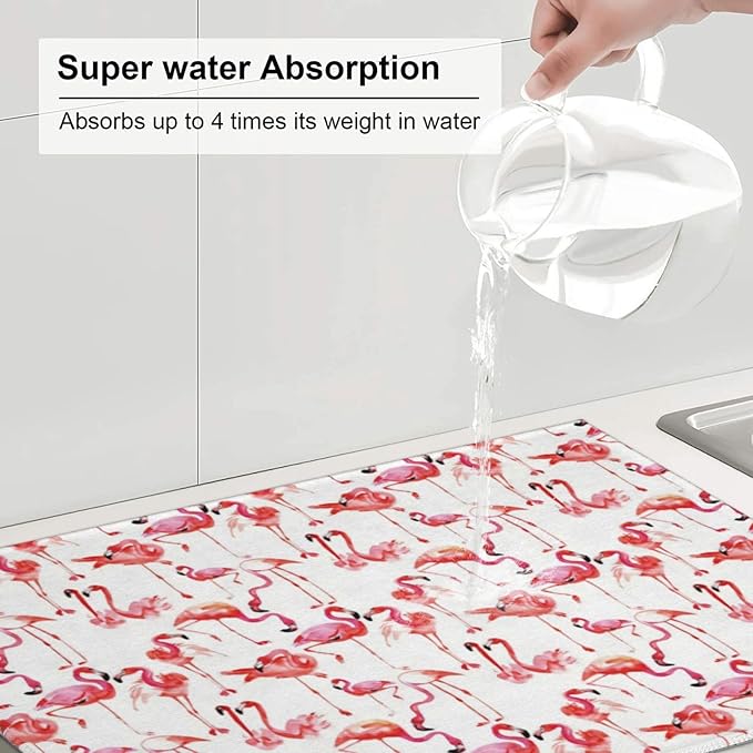 Cute Pink Flamingo Dish Drying Mat For Kitchen Counter Super Absorbent Microfiber Dish Drying Pad Kitchen Gadgets For Easy Clean Multi-Use Large 18x24